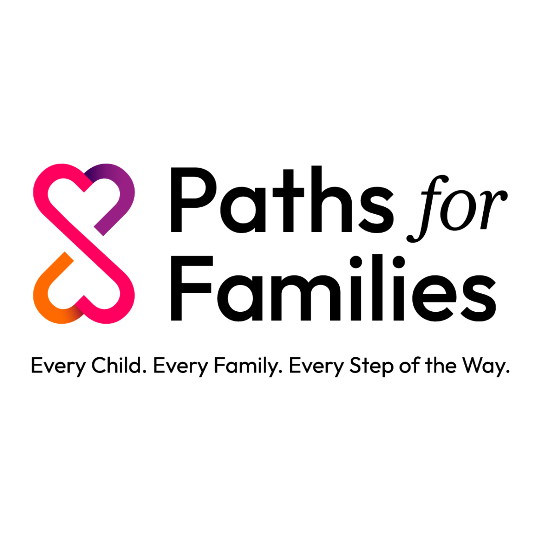 Paths for Families Logo with intertwined hearts on the left and Paths for Families in bold text. Below is the organization timeline, Every Child, Every Family, Every Step of the Way