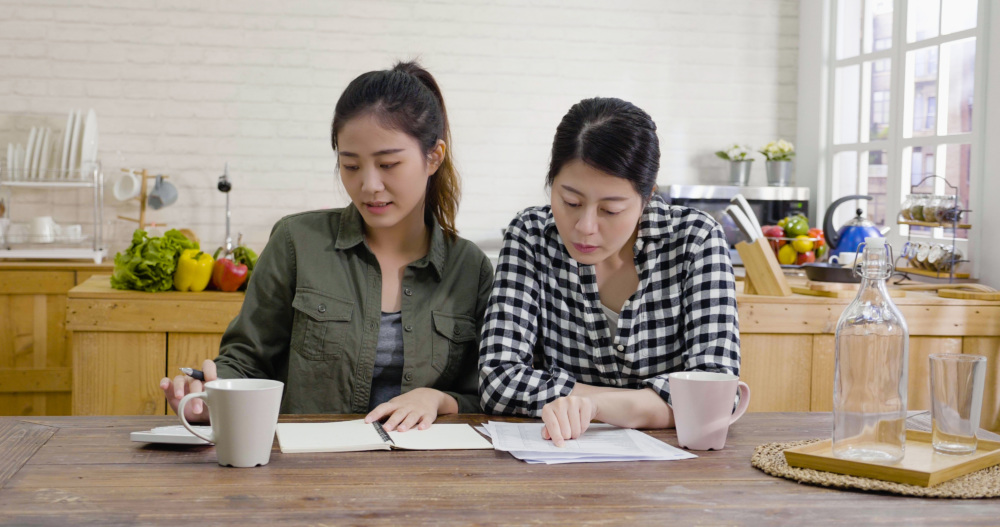 Two women reviewing adoption paperwork together